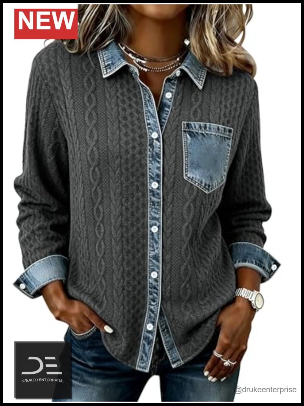 Women's Cable Knit Shacket Denim Patchwork Button Jacket